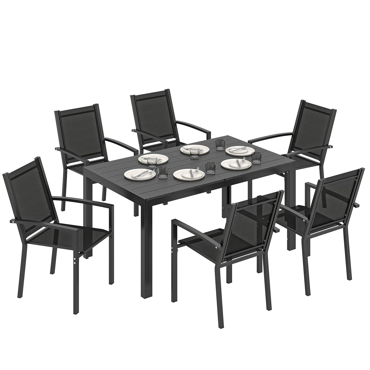 Garden Dining Set for 6, Outdoor Dining Table and Chairs, Black