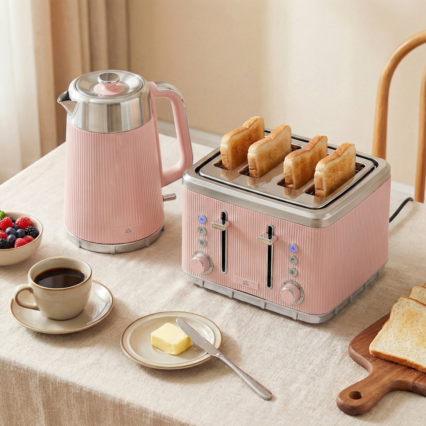 1.7L 3000W Rapid Boil Kettle and 4 Slice Toaster Set Crumb Tray Pink