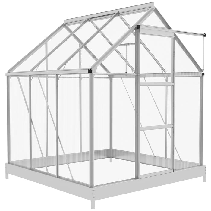 6 x 6ft Walk-In Greenhouse, Polycarbonate Greenhouse with Sliding Door, Window, Aluminium Frame, Foundation, Silver