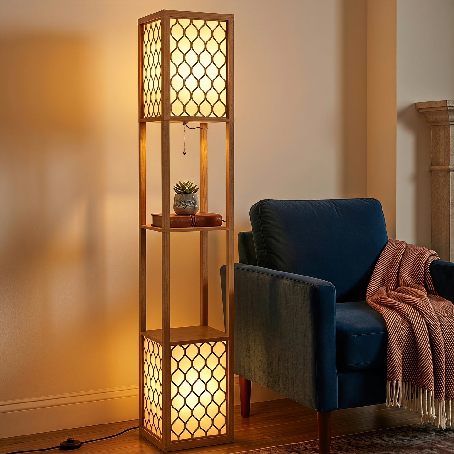 2-Light Modern Floor Lamp w/ Shelves, Bedroom, Natural Wood Finish