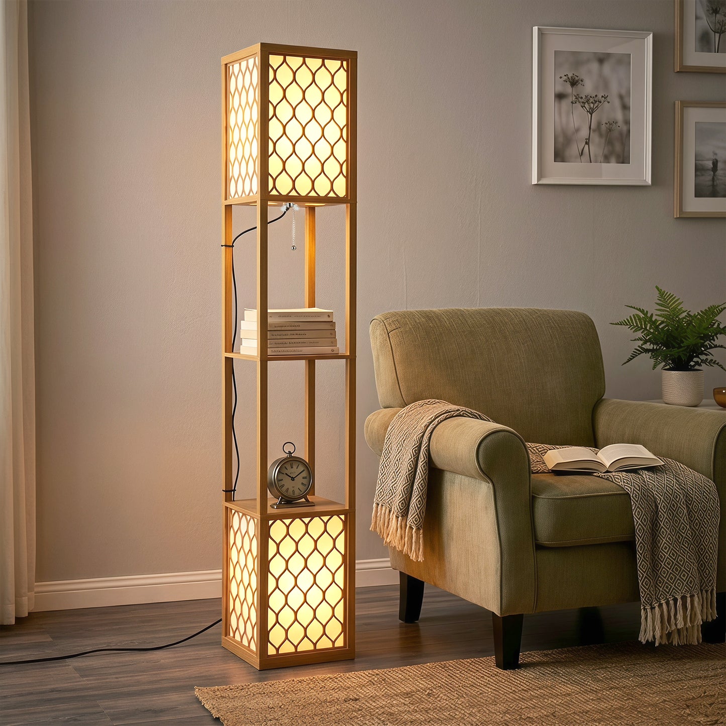 2-Light Modern Floor Lamp w/ Shelves, Bedroom, Natural Wood Finish