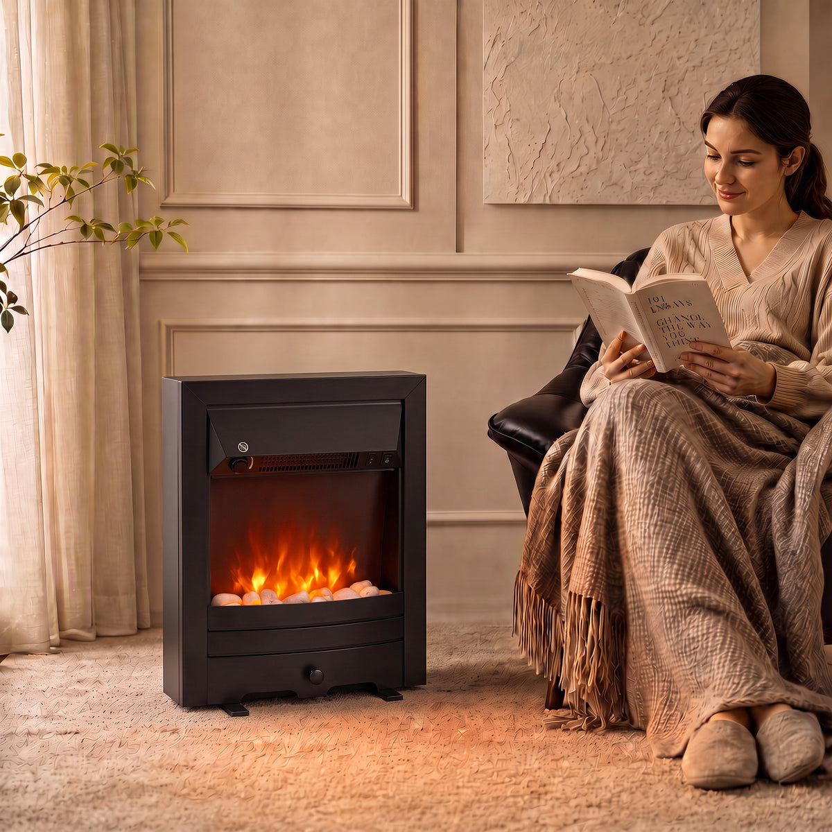 2000W Freestanding or Inset Electric Fire with Pebble Effect - Matt Black