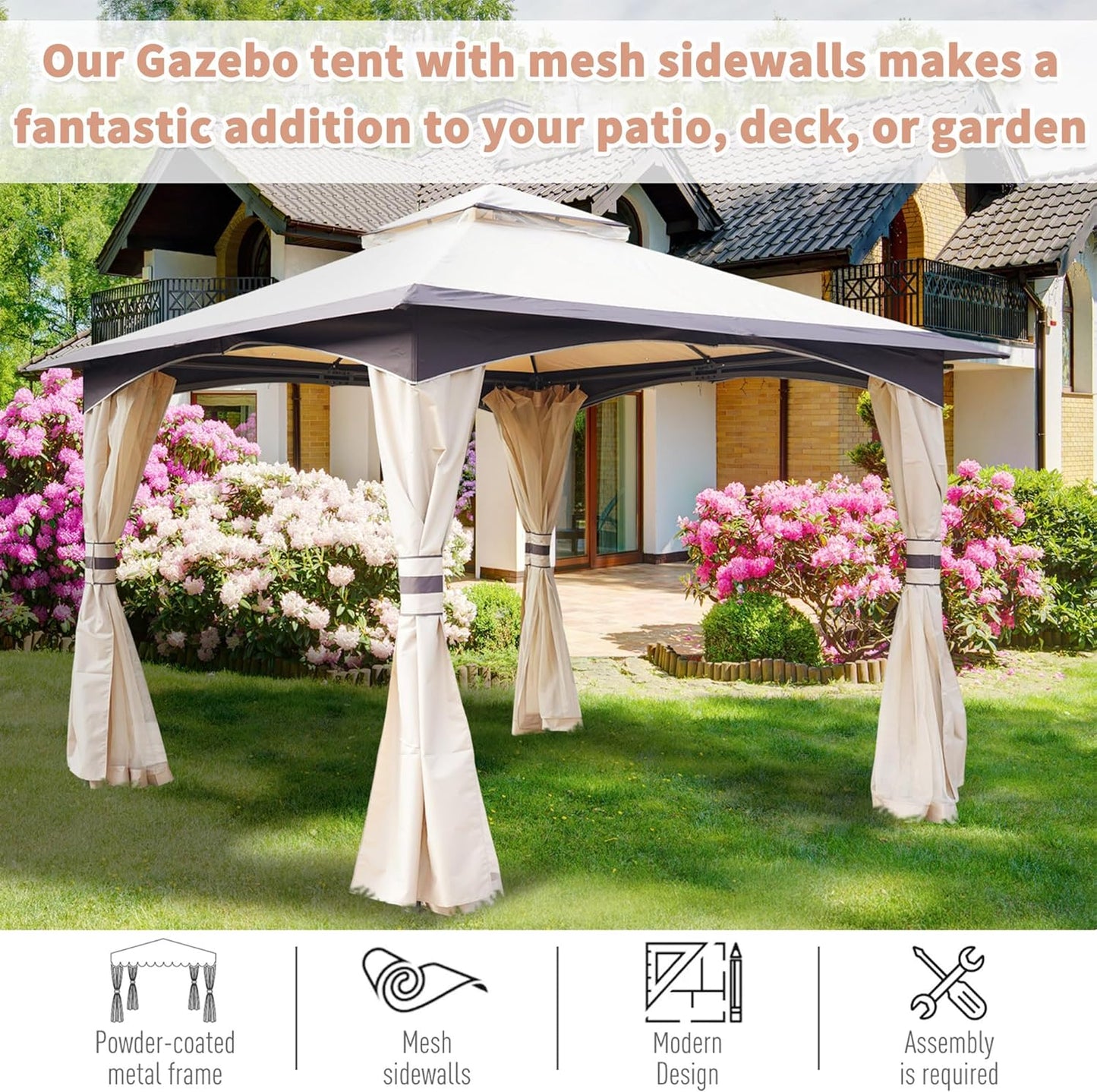 3.2 x 3.2m Garden Gazebo, Double Roof Outdoor Gazebo Canopy Shelter with Netting,