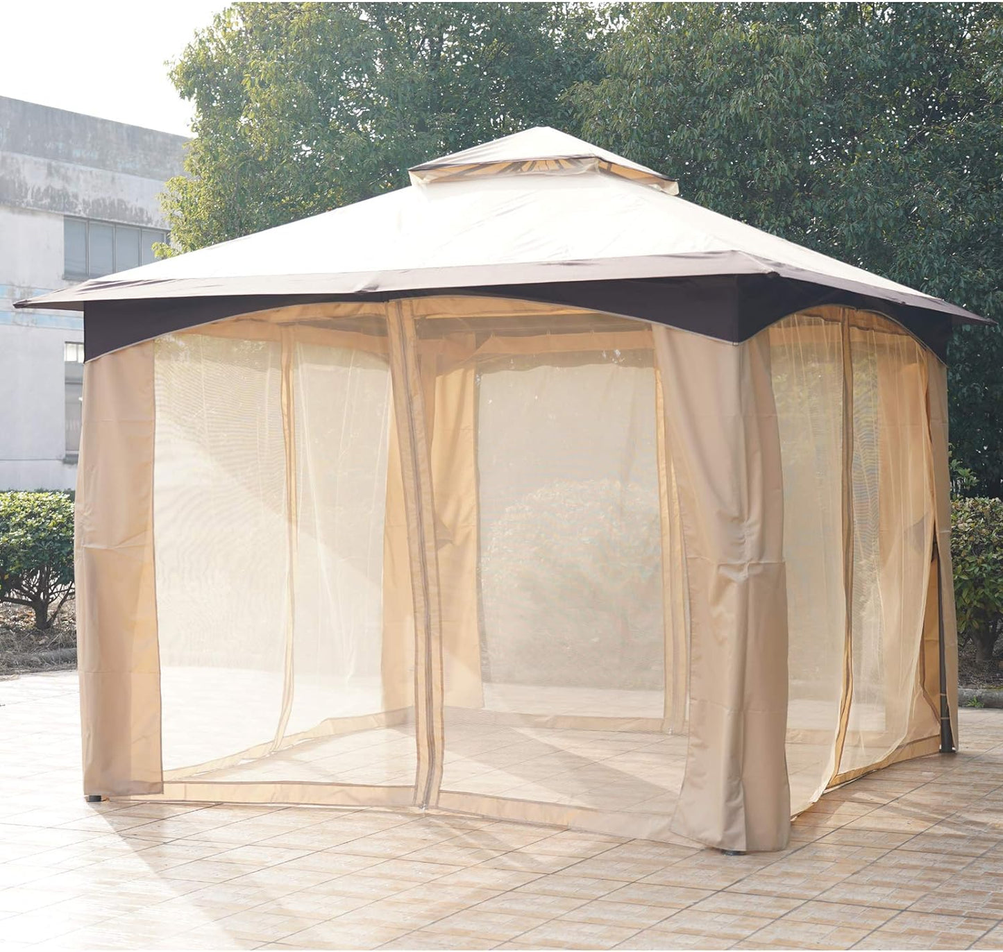 3.2 x 3.2m Garden Gazebo, Double Roof Outdoor Gazebo Canopy Shelter with Netting,