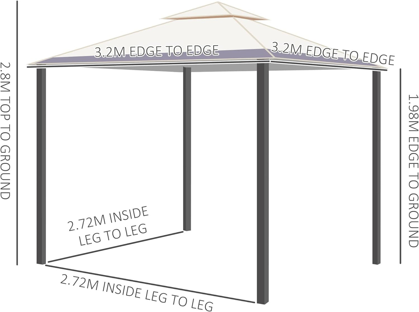 3.2 x 3.2m Garden Gazebo, Double Roof Outdoor Gazebo Canopy Shelter with Netting,