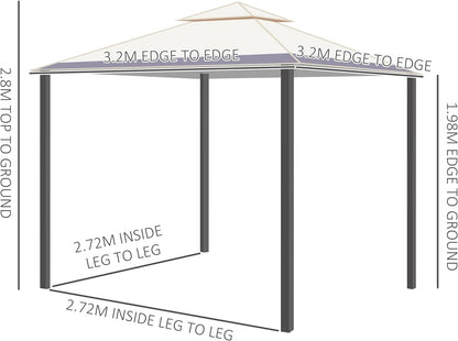 3.2 x 3.2m Garden Gazebo, Double Roof Outdoor Gazebo Canopy Shelter with Netting,