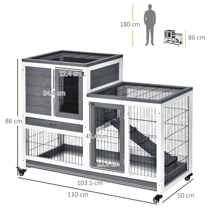 Wooden Indoor Rabbit Hutch Guinea Pig House Bunny Small Animal Cage W/ Wheels Enclosed Run 110 x 50 x 86 cm, Grey