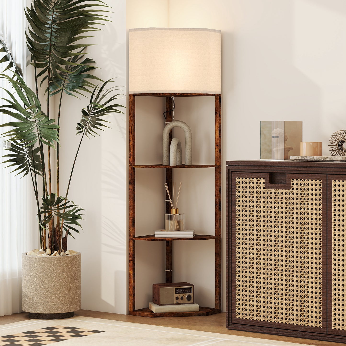 Corner Modern Floor Lamp with Shelves for Living Room, Rustic Brown