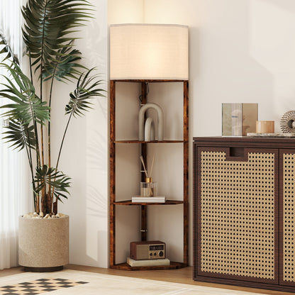Corner Modern Floor Lamp with Shelves for Living Room, Rustic Brown