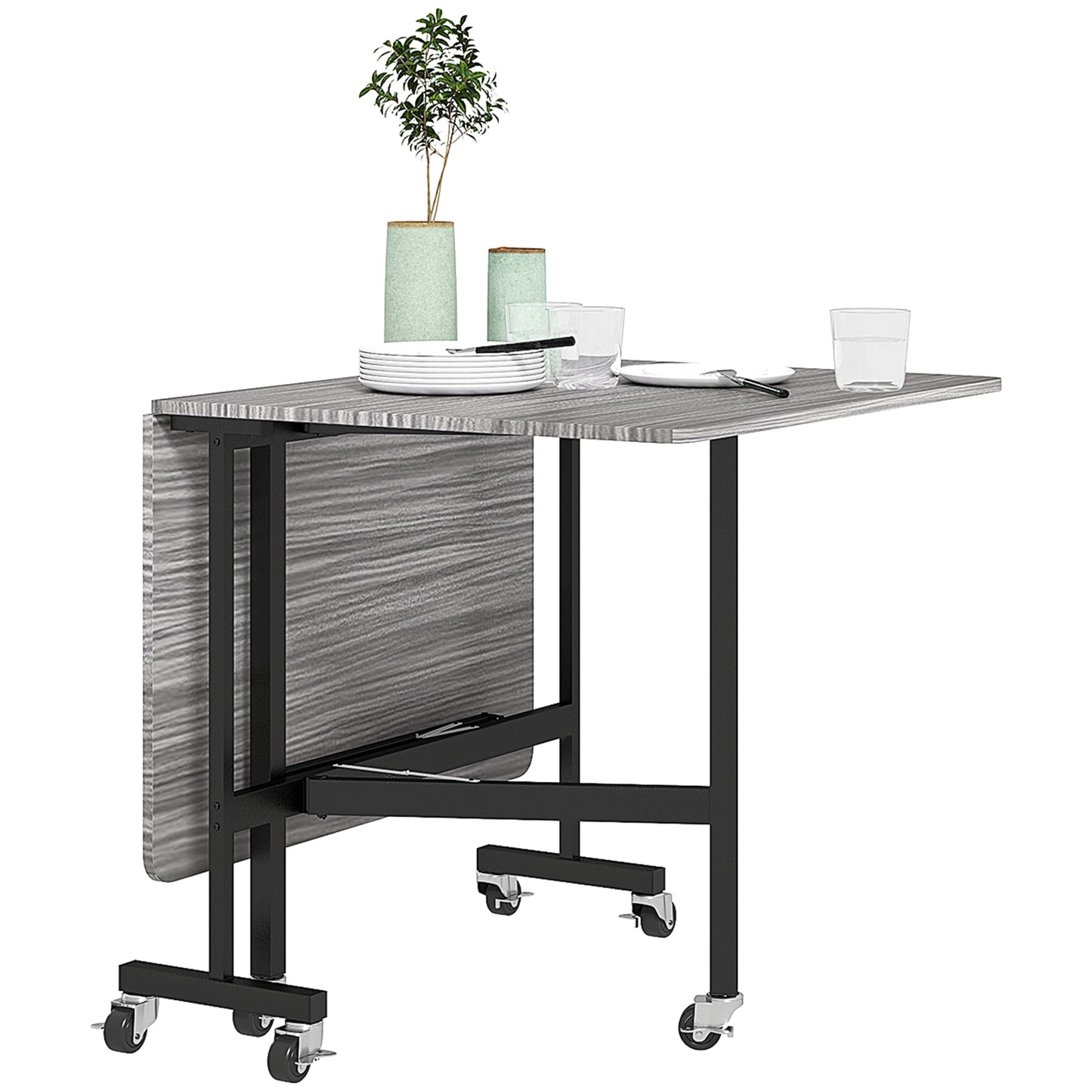 Mobile Drop Leaf Table, Folding Kitchen Table with 6 Wheels, Grey