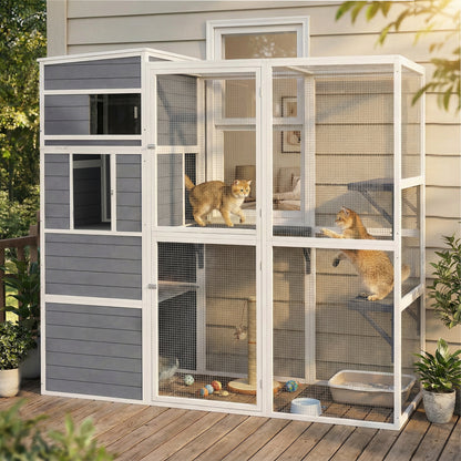 Wooden Catio with Spacious Resting Rooms, 3 Platforms, Window, Grey