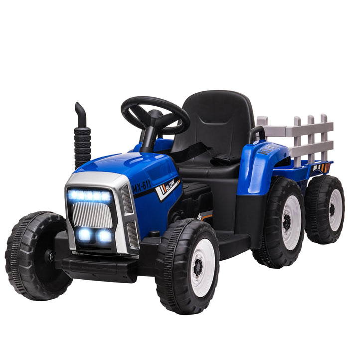 Electric Ride on Tractor w/ Detachable Trailer, 12V Kids Battery Powered Electric Car w/ Remote Control, Music Start up Sound, Blue