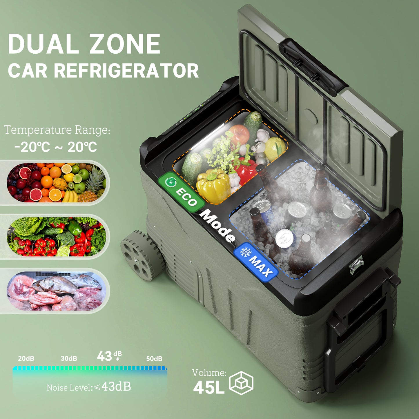 45L Camping Fridge Freezer Dual Zone Car Fridge, DC & AC, -20-20℃