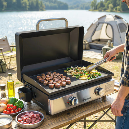 2 Burner Grill Griddle, Tabletop Gas BBQ with Grease Cup, Black