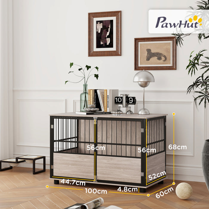 100cm Dog Crate Furniture Dog Cage End Table Indoor w/ Doors, Cushion