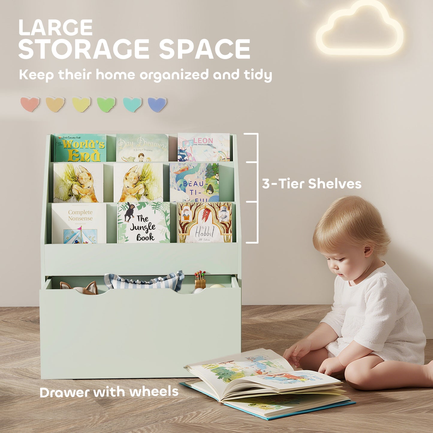 Kids Bookcase w/ 3 Tier Shelves, Drawer, for Bedroom, Nursery, Green