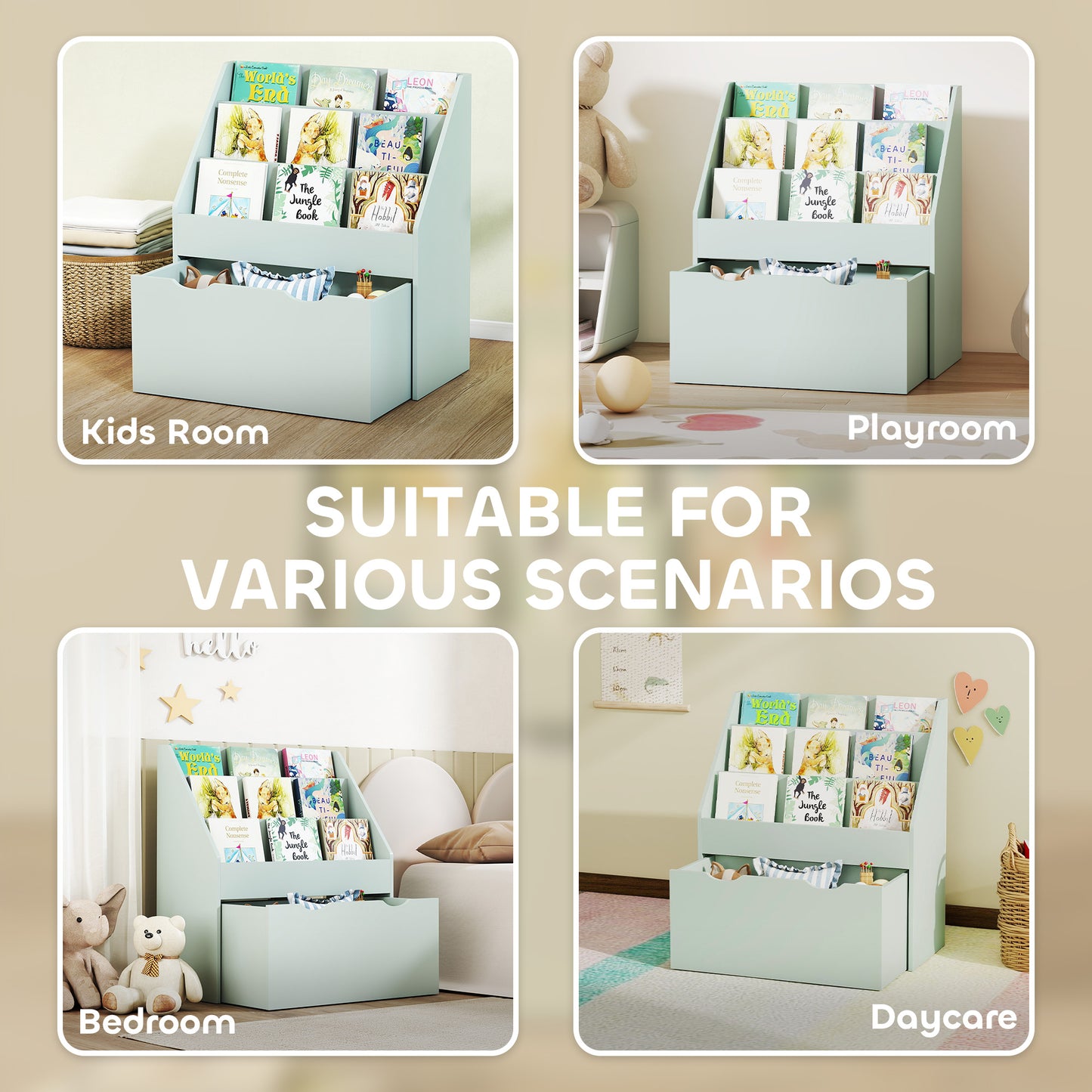 Kids Bookcase w/ 3 Tier Shelves, Drawer, for Bedroom, Nursery, Green