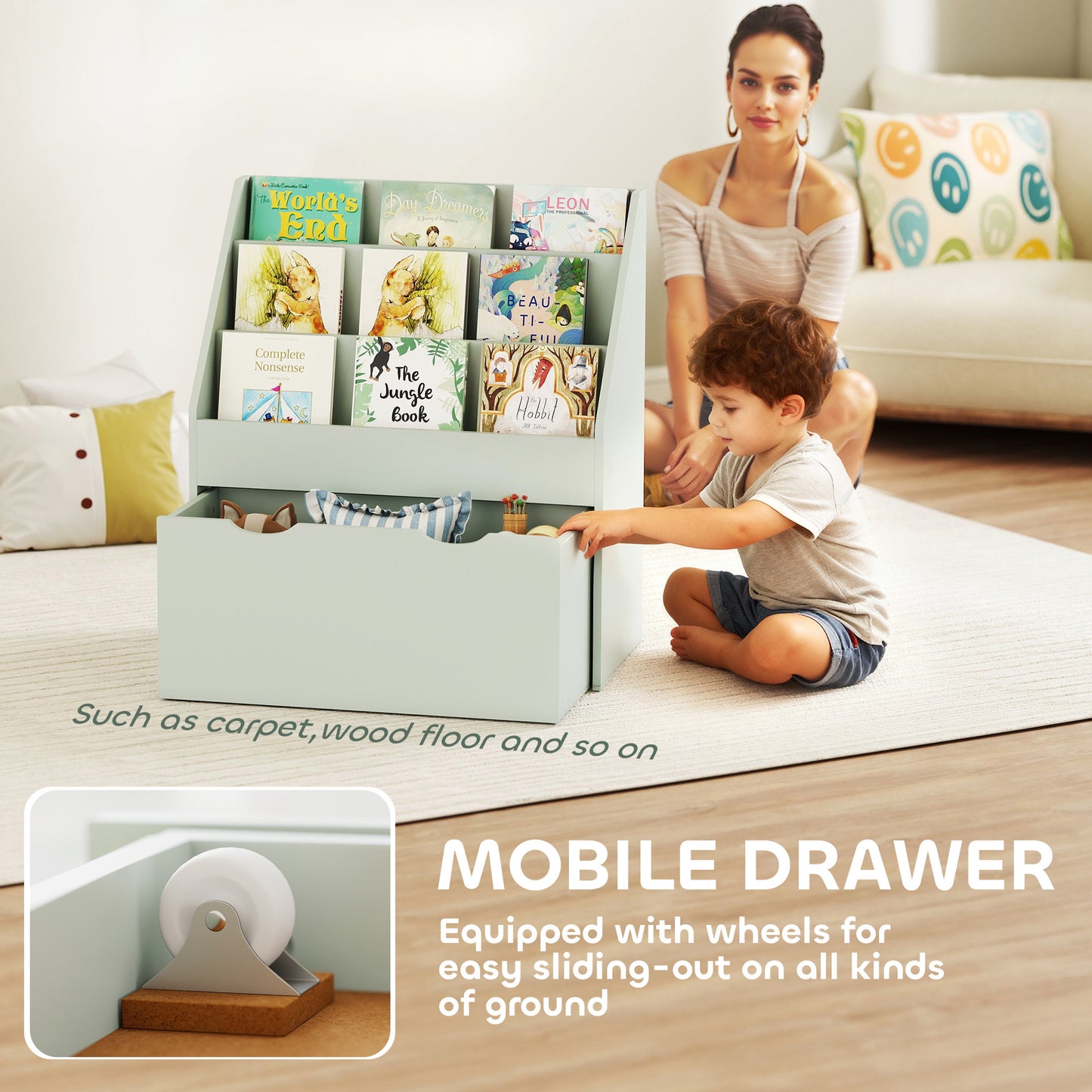 Kids Bookcase w/ 3 Tier Shelves, Drawer, for Bedroom, Nursery, Green