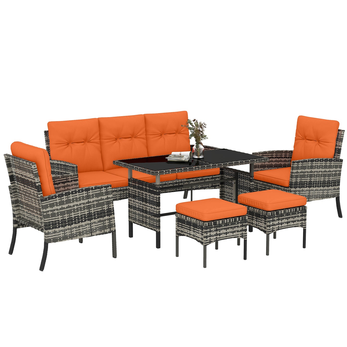6 Pieces Rattan Garden Furniture Sofa Set with Cushions, Orange