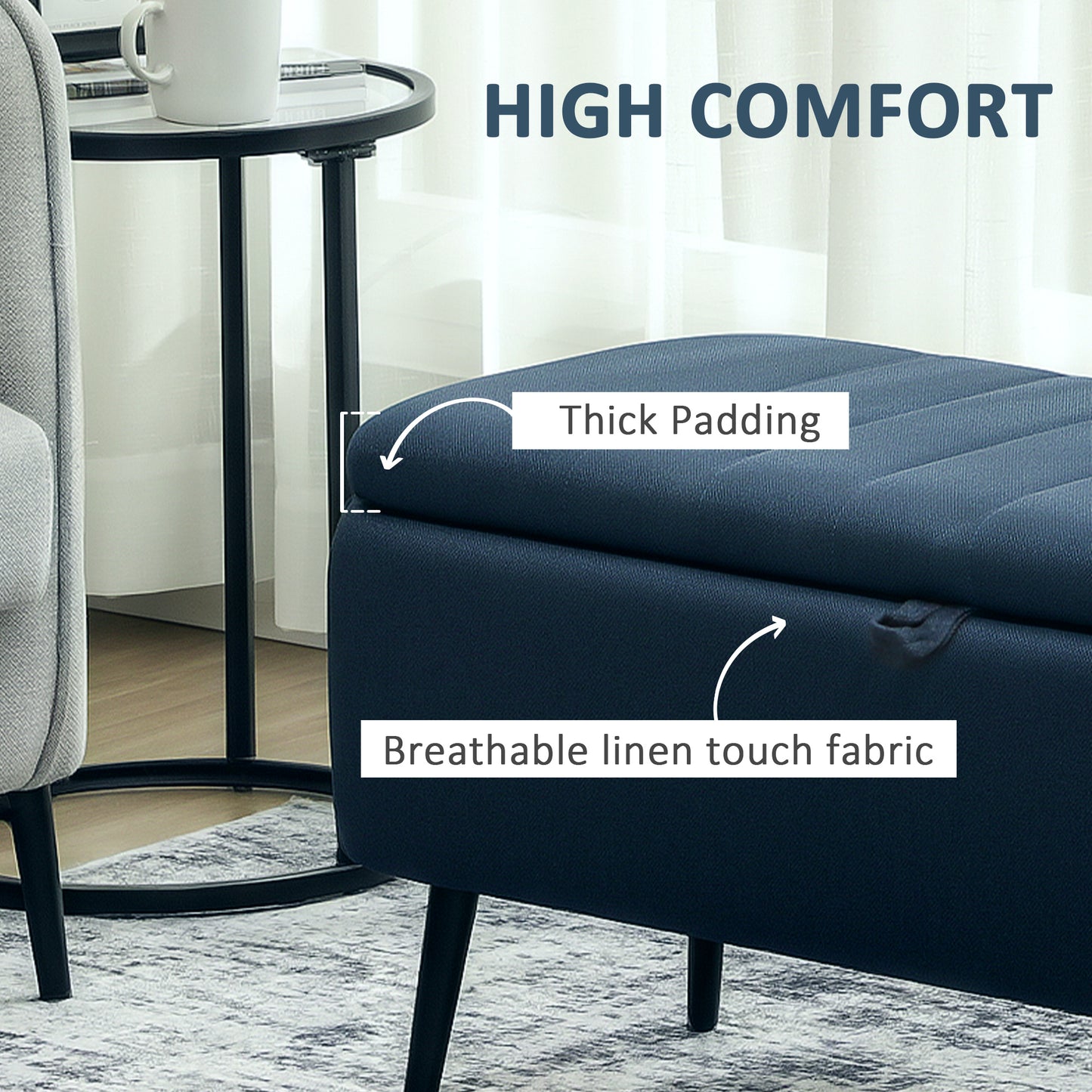 Storage Ottoman Bench, Linen Fabric Footstool with Steel Legs Blue