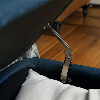 Storage Ottoman Bench, Linen Fabric Footstool with Steel Legs Blue