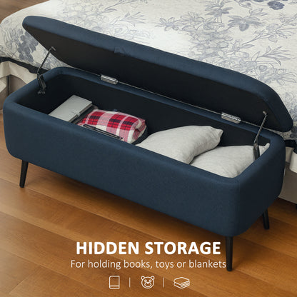 Storage Ottoman Bench, Linen Fabric Footstool with Steel Legs Blue