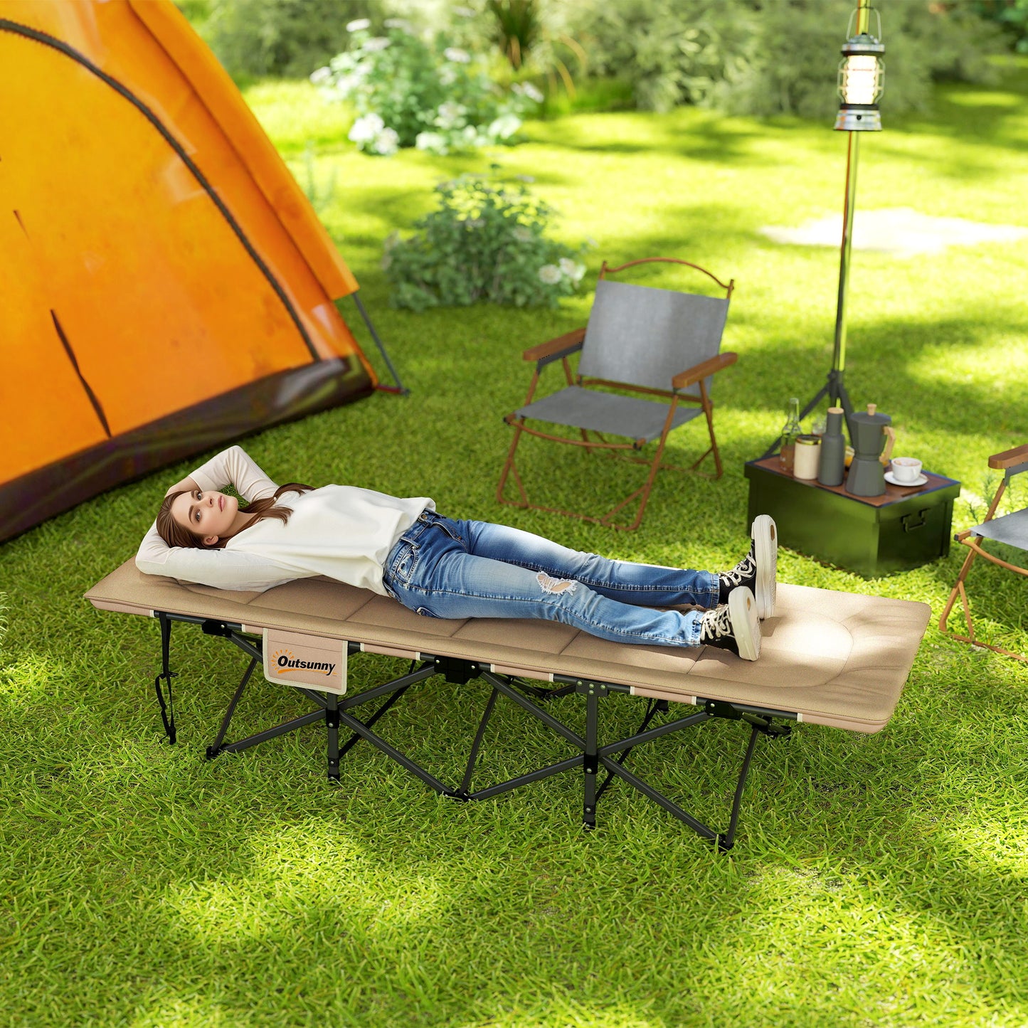 Camping Bed for Adults with Cushion, Headrest, Side Pocket, Khaki