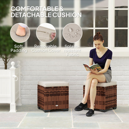 Set of 2 Rattan Footstool, Storage Ottoman w/ Cushions, Beige