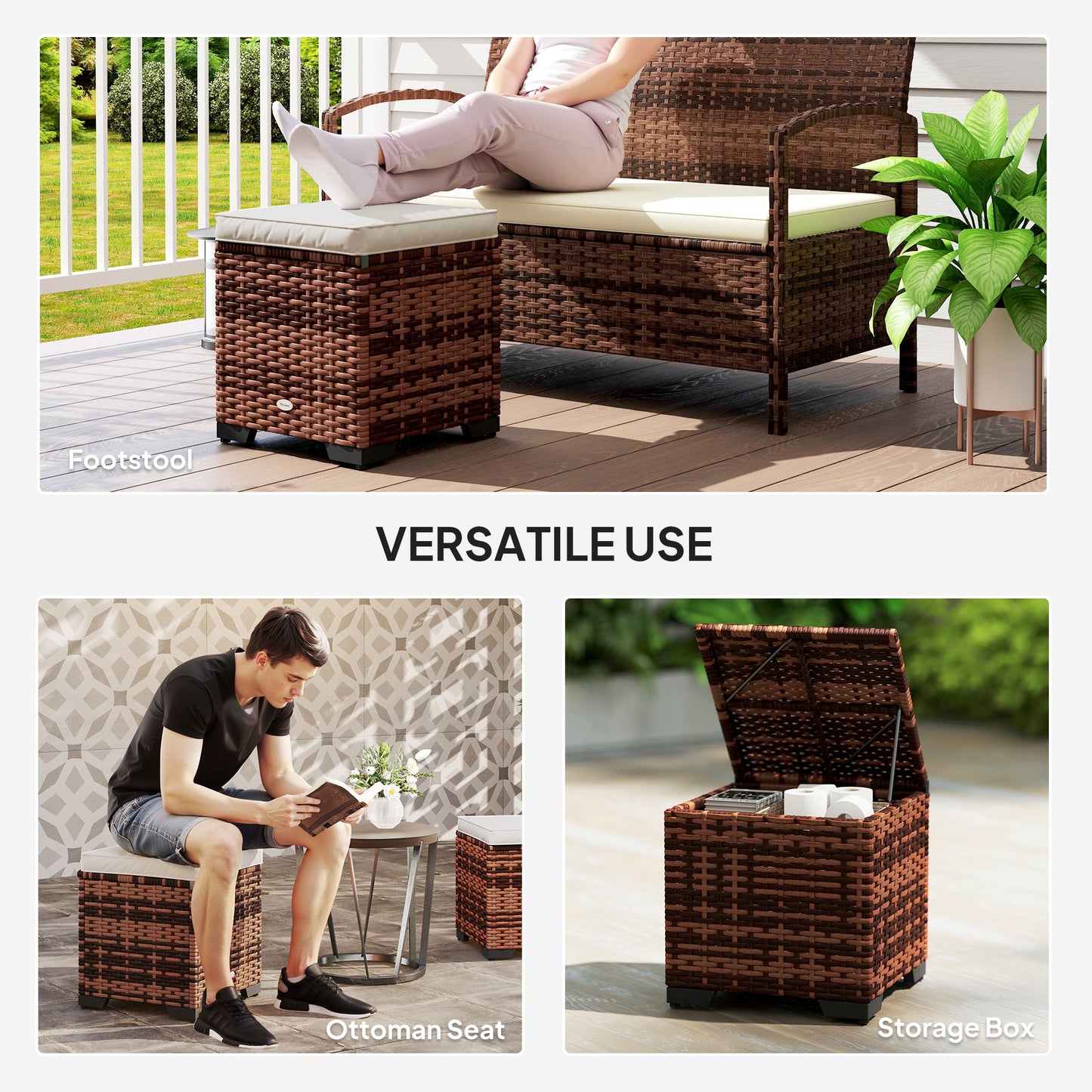 Set of 2 Rattan Footstool, Storage Ottoman w/ Cushions, Beige