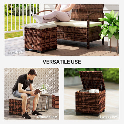 Set of 2 Rattan Footstool, Storage Ottoman w/ Cushions, Beige