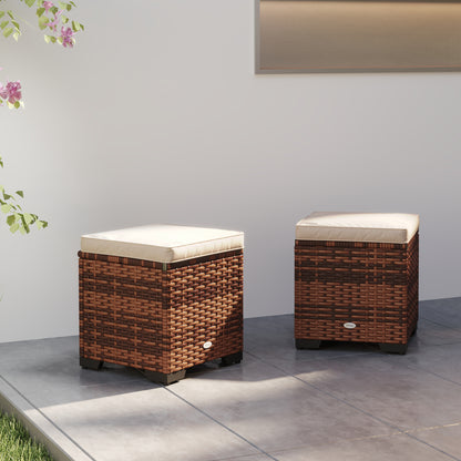 Set of 2 Rattan Footstool, Storage Ottoman w/ Cushions, Beige