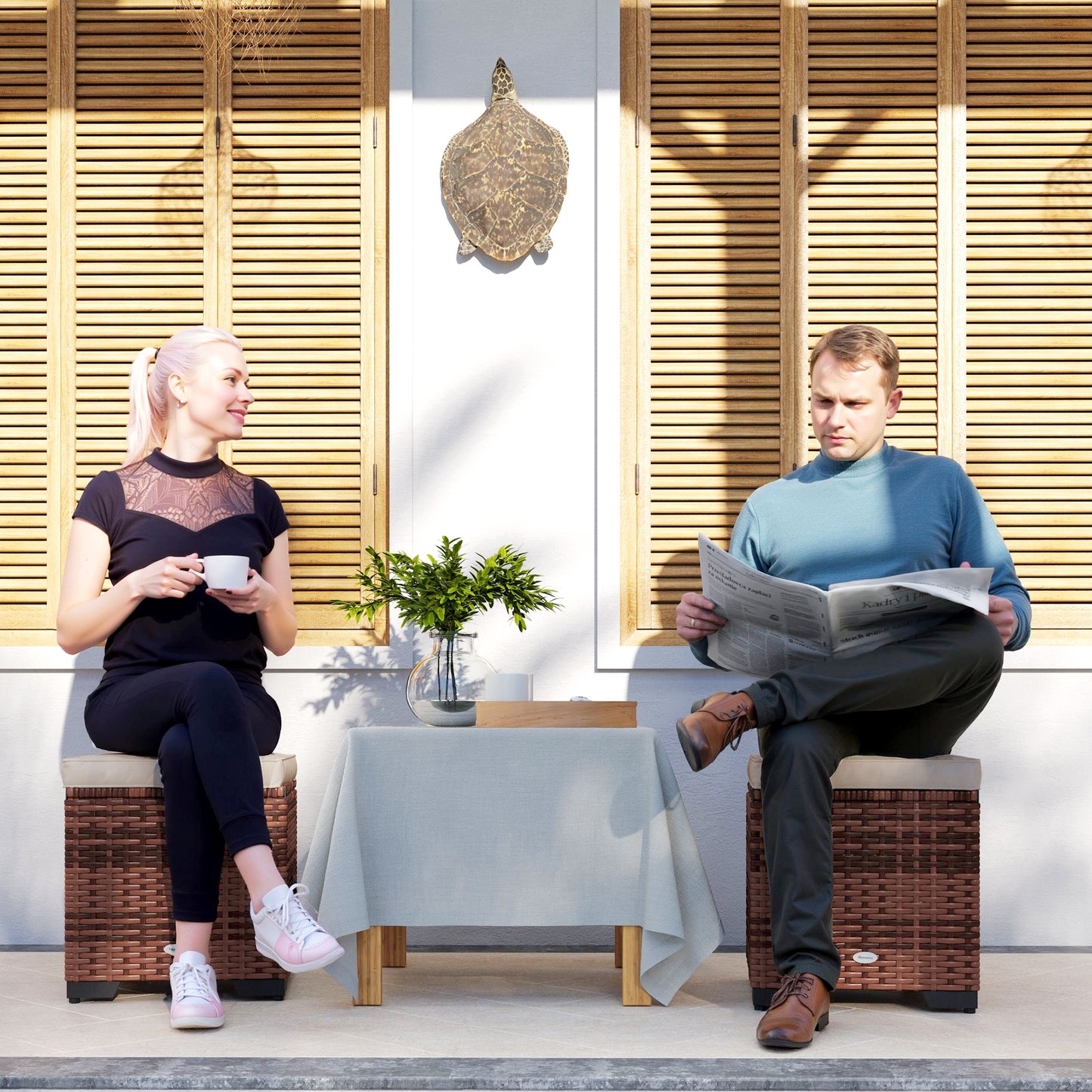 Set of 2 Rattan Footstool, Storage Ottoman w/ Cushions, Beige