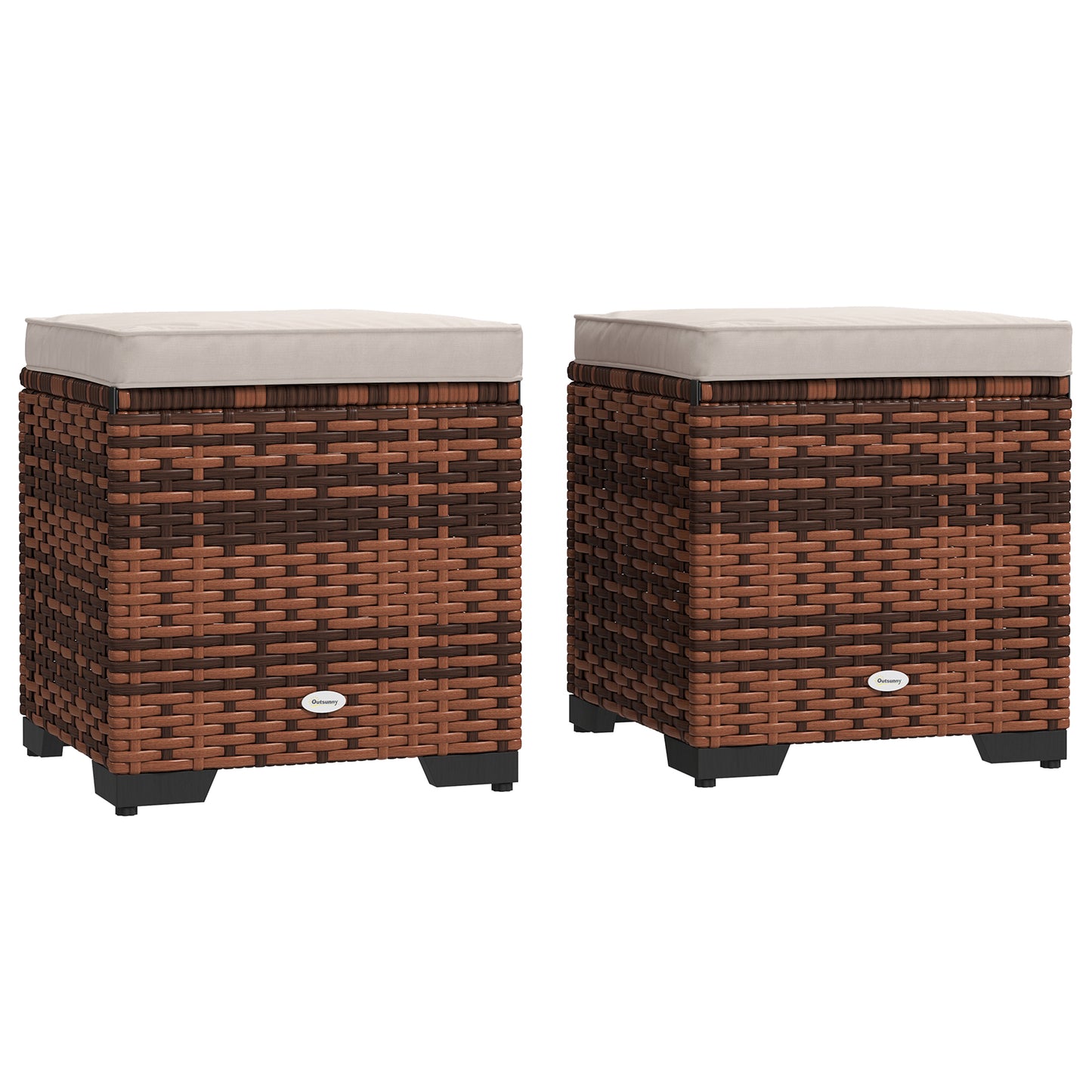 Set of 2 Rattan Footstool, Storage Ottoman w/ Cushions, Beige