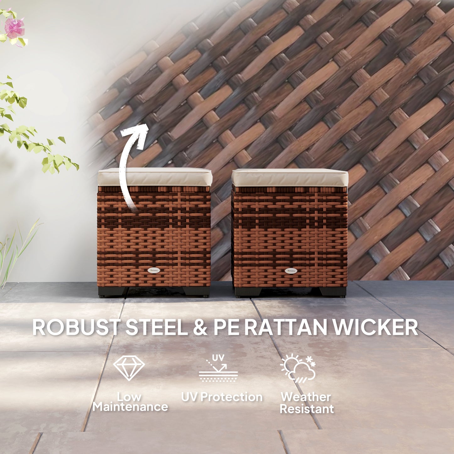 Set of 2 Rattan Footstool, Storage Ottoman w/ Cushions, Beige