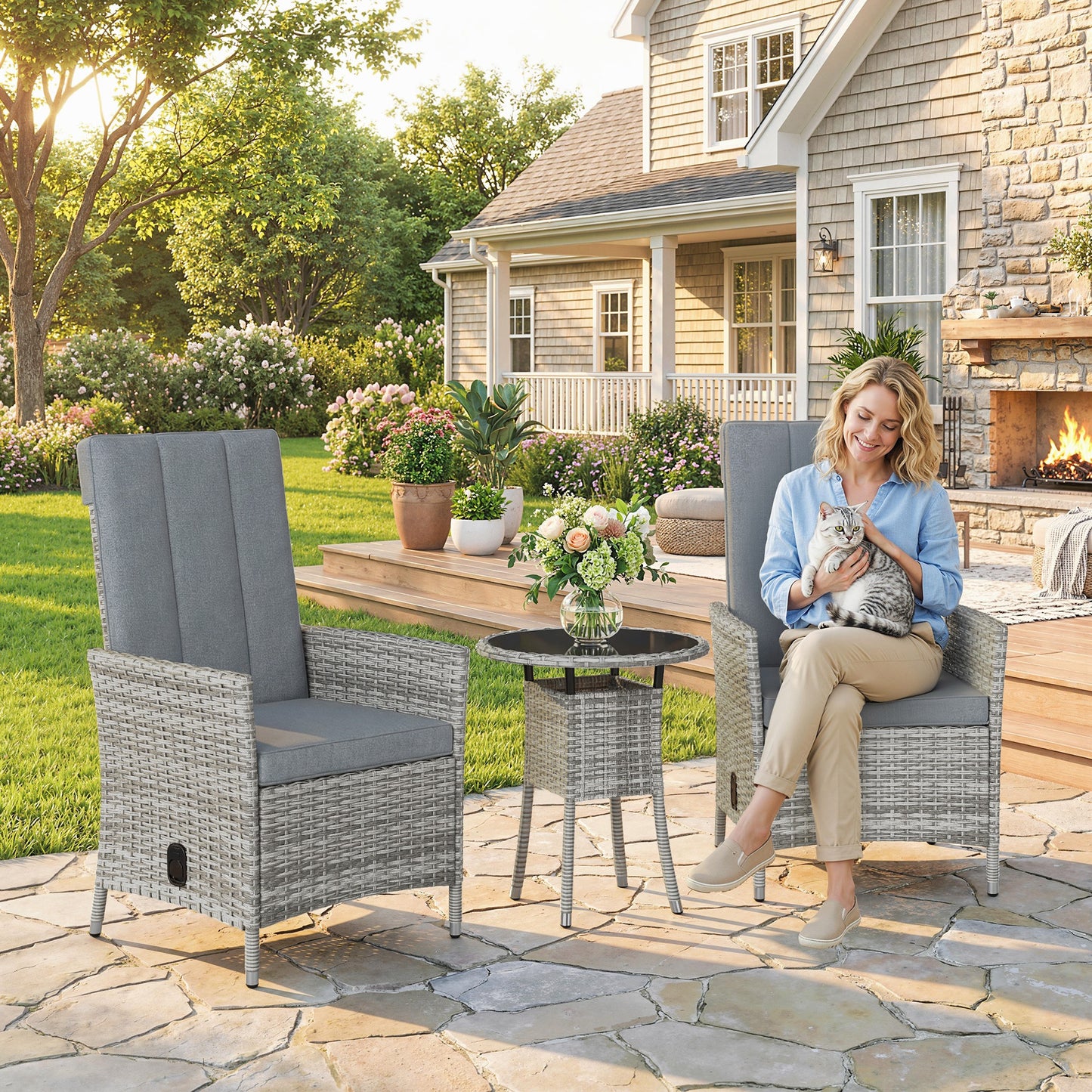 Rattan Bistro Set, Reclining Garden Chairs and Table, Light Grey
