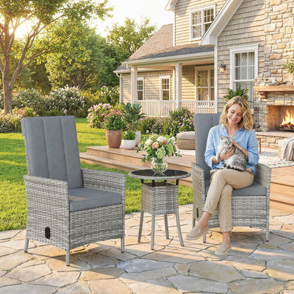 Rattan Bistro Set, Reclining Garden Chairs and Table, Light Grey