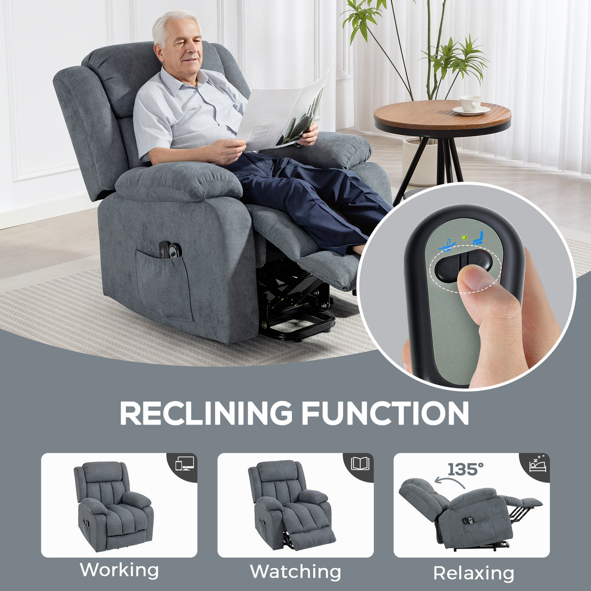 Power Lift Recliner, Lift Chair with Vibration Massage, Grey
