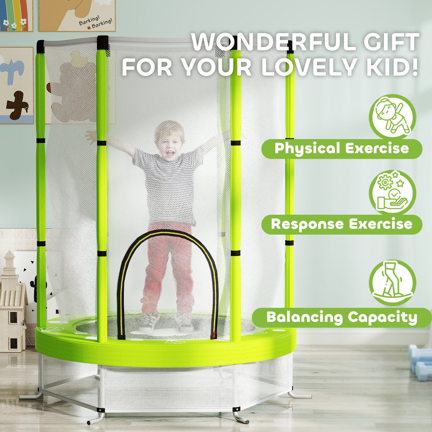 4.6ft Toddler Trampoline w/ Safety Enclosure Net, for Indoor Outdoor Use, Ages 3-6 Years, Green