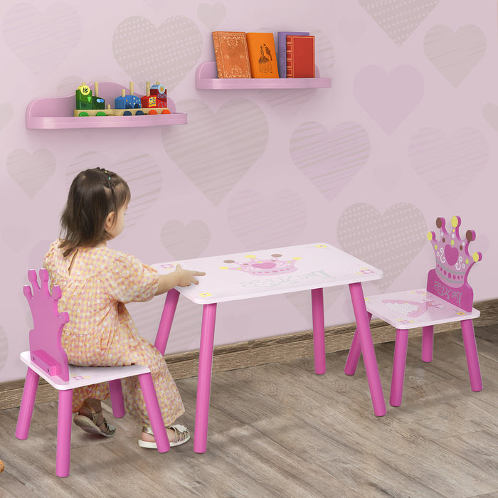 3-Piece Set Kids Wooden Table Chair with Crown Pattern Easy to Clean Gift for Girls Toddlers Age 3 to 8 Years Old Pink