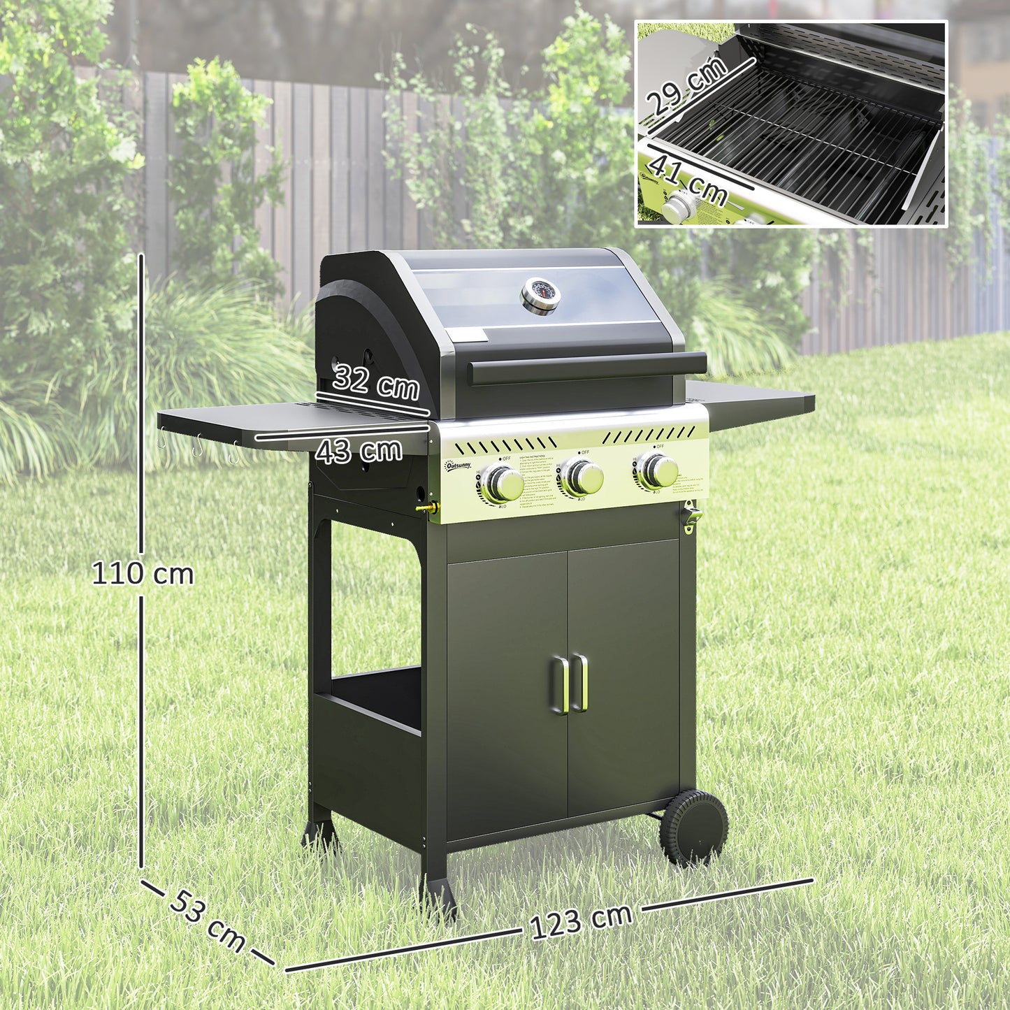 3 Burner Propane Gas BBQ Grill with See-through Lid and Thermometer