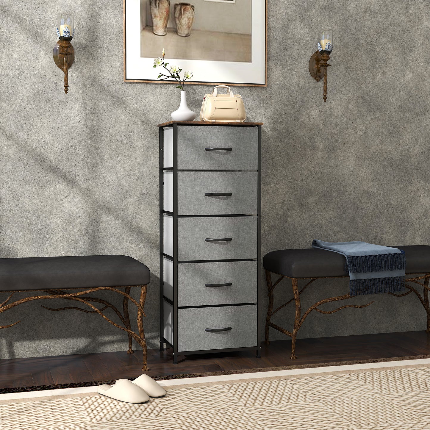 5 Drawer Fabric Chest of Drawers with Wooden Top, Rustic Brown