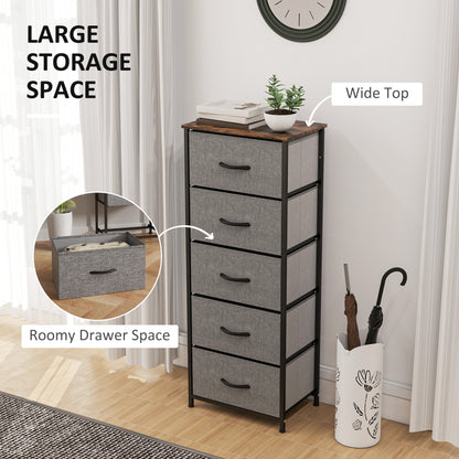 5 Drawer Fabric Chest of Drawers with Wooden Top, Rustic Brown