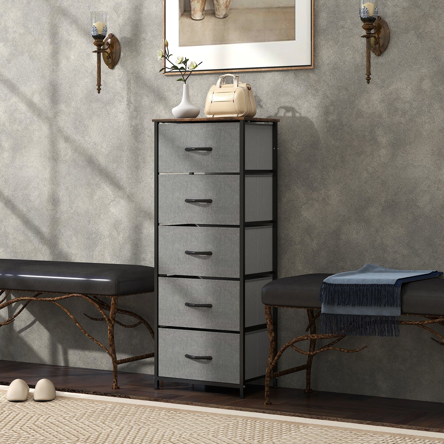 5 Drawer Fabric Chest of Drawers with Wooden Top, Rustic Brown