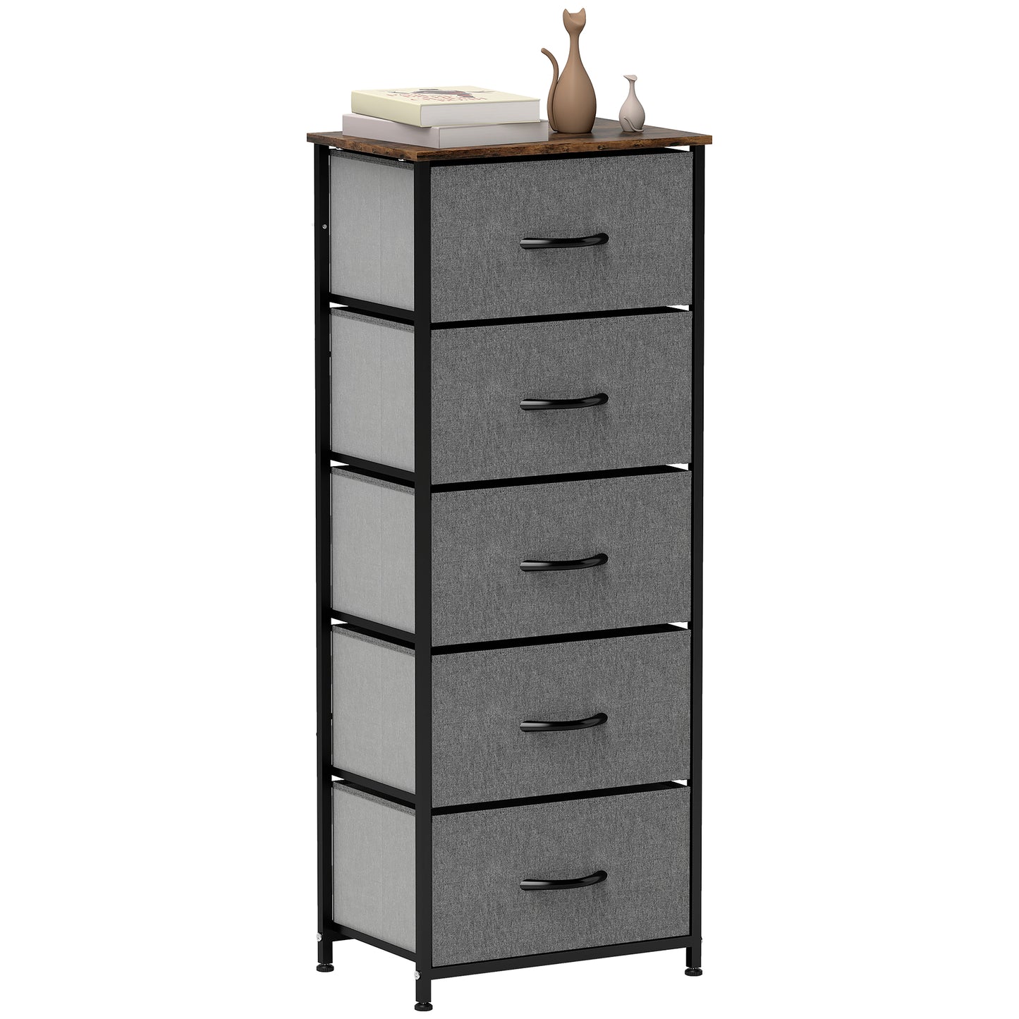 5 Drawer Fabric Chest of Drawers with Wooden Top, Rustic Brown