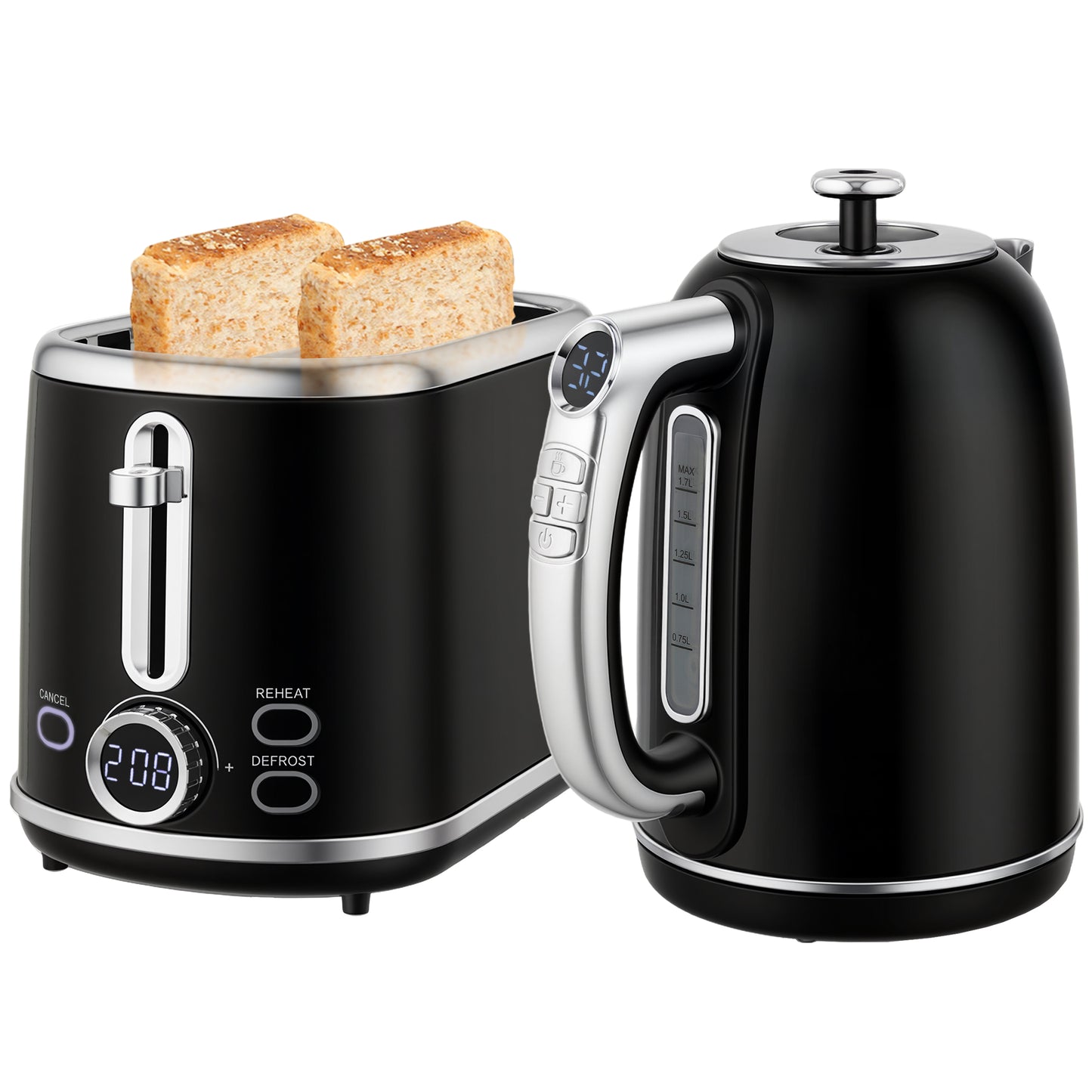 1.7L 3000W Kettle and 2 Slice Toaster with Keep Warm Memory Function