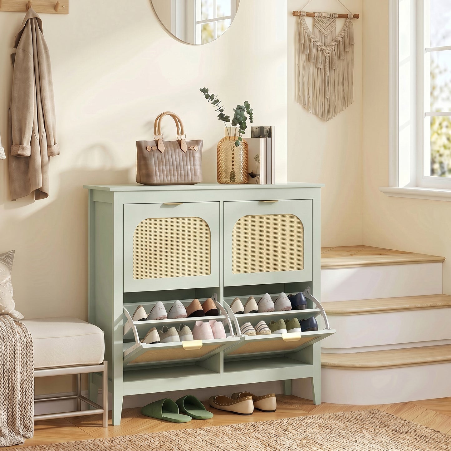 Boho Slim Shoe Cabinet with Rattan Doors, Holds 20 Pairs, Green