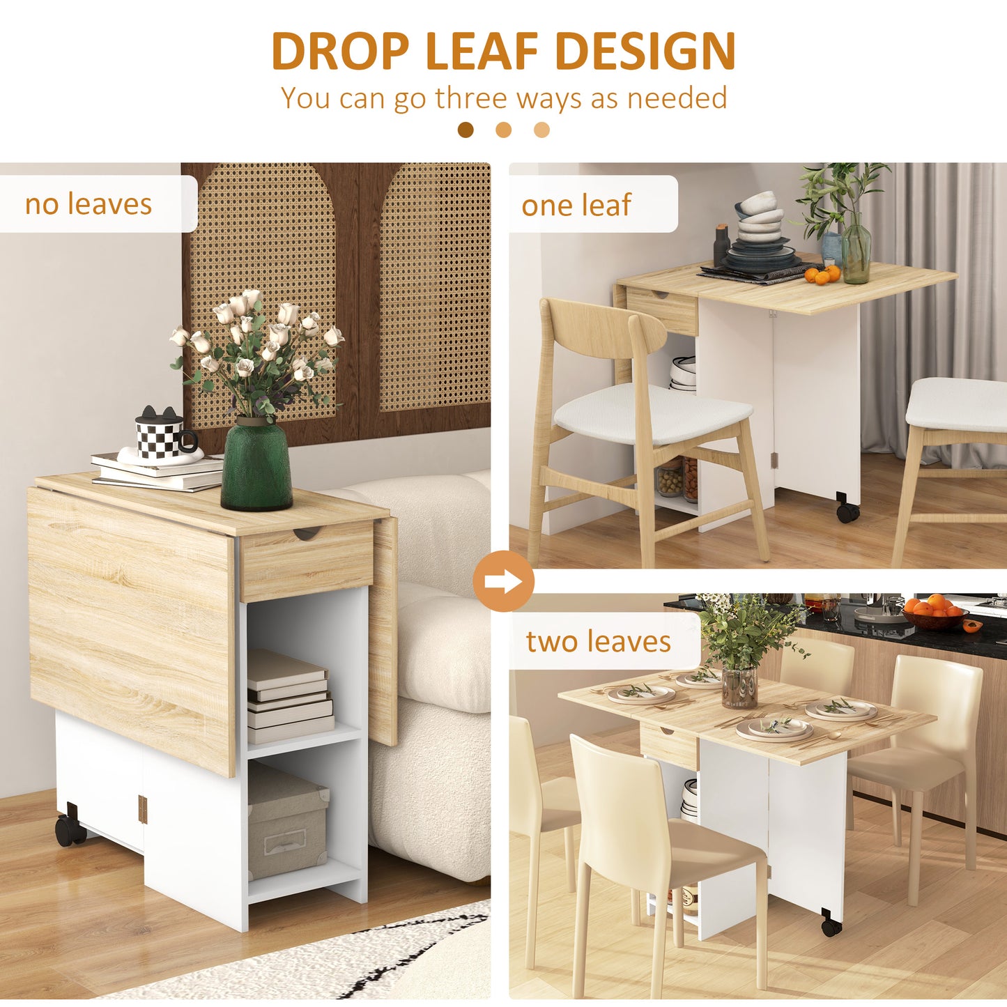 Foldable Dining Table, Drop Leaf Table with Storage for Kitchen, Oak