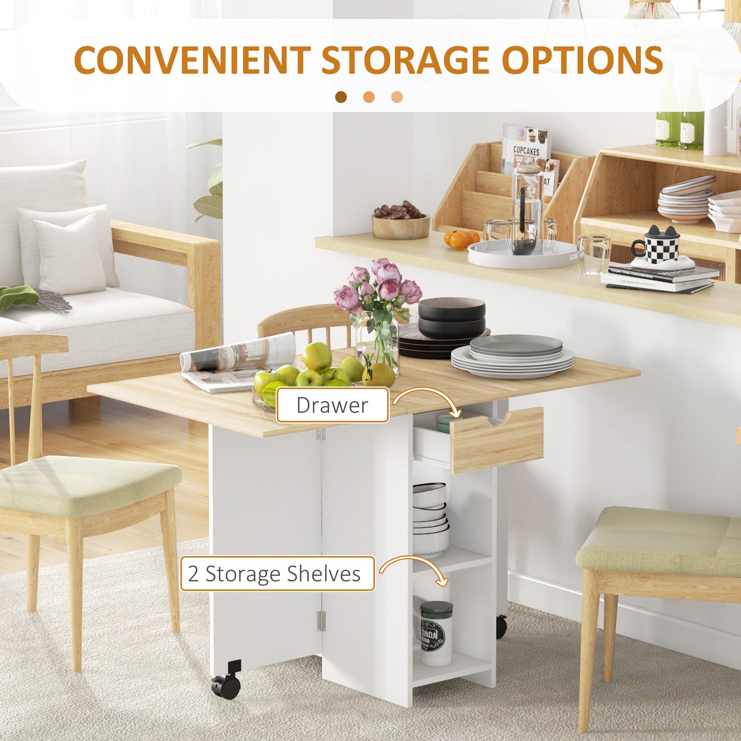 Foldable Dining Table, Drop Leaf Table with Storage for Kitchen, Oak