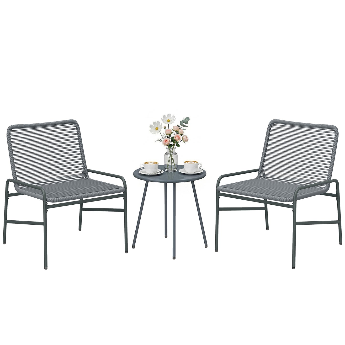 Rattan Bistro Set with 2 Chairs & Round Table for Patio, Dark Grey