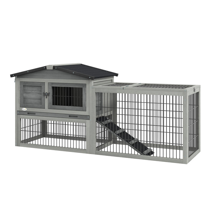 Wooden Rabbit Hutch with Run, Asphalt Roof, Pull-Out Tray, Ramp, Grey